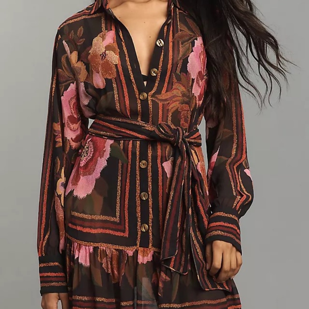 Farm Rio Chenille Flowers Long-Sleeve Belted Mini Shirt Dress - Size Small